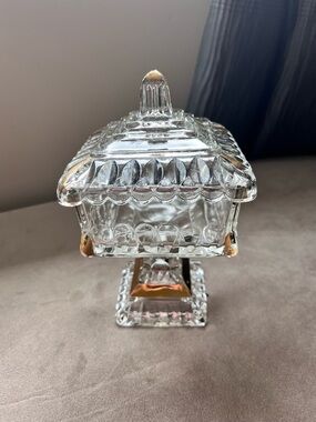 Jeanette Glass/Wedding Pattern Glass Covered Candy/Trinket Box W /Gold Trim